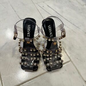 VERSACE WOMENS CRYSTAL EMBELLISHED HEEL SANDALS